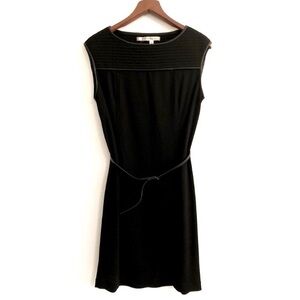 Vintage 90s Y2K Max Studio Minimalist Black Midi Dress with Faux Leather Piping